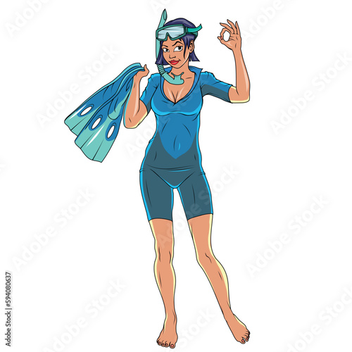 Girl diving. Vector illustration of a sport women. Young woman in a diving suit and fins