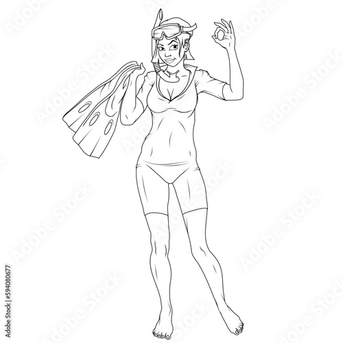 Girl diving. Vector illustration of a sport women. Sketch Young woman in a diving suit and fins