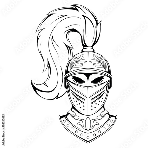 Knight. Vector illustration of a sketch   spartan warrior head. Helmet armor. Medieval warrior knight in armour helmet with visor and plumage.