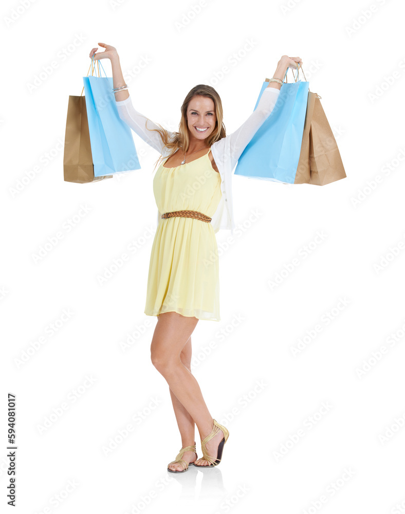 Shopping bag and smile and portrait of woman on png background for discount, sale and luxury. Bargain, rich and fashion with female isolated on transparent for offer, present and boutique purchase