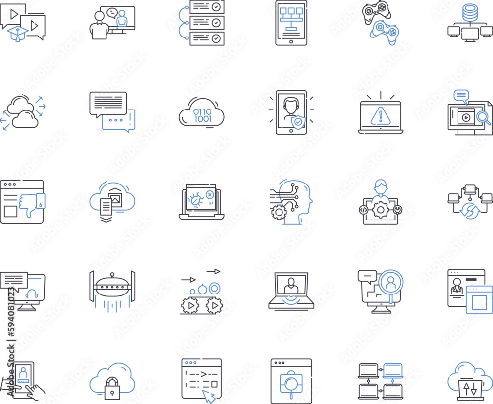 Computerized gentle line icons collection. Softify, Digitize, Streamline, Automate, Integrate, Harmonize, Optimize vector and linear illustration. Revamp,Innovate,Modernize outline signs set