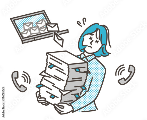 Young woman busily performing clerical work in an office [Vector illustration].