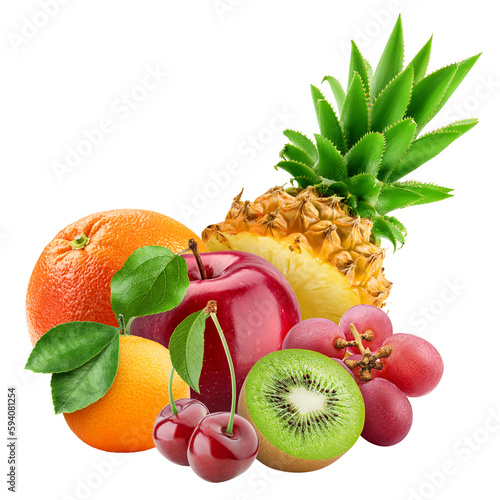 Fototapeta Naklejka Na Ścianę i Meble -  tropical fruits, Pineapple, grapefruit, apple, kiwi, mandarin, cherry, grape, isolated on white background, full depth of field