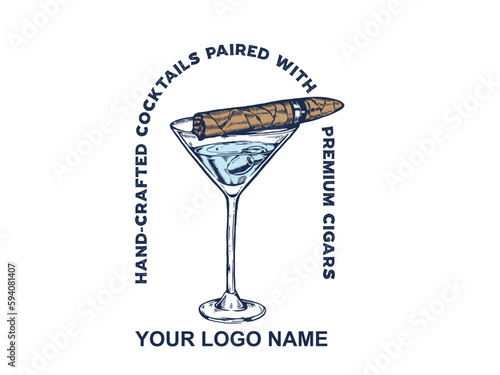 Whiskey with ice cubes and cigar