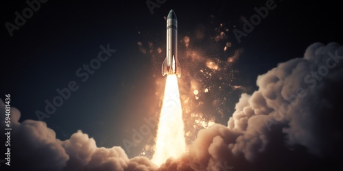The rocket is launched into space. Rocket space ship. The ship flies to another planet. Generative AI. The spaceship takes off into the starry sky. Copy space for text or mock-up.