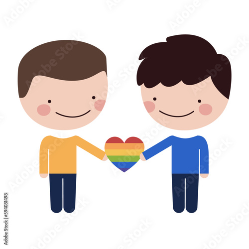 Pareja feliz de hombres homosexuales en el día y mes del orgullo LGBT.  Con un corazón en la mano expresando su amor, felicidad y libertad de género. Vector