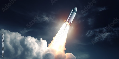 The rocket is launched into space. Rocket space ship. The ship flies to another planet. Generative AI. The spaceship takes off into the starry sky. Copy space for text or mock-up.