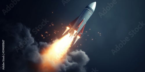 The rocket is launched into space. Rocket space ship. The ship flies to another planet. Generative AI. The spaceship takes off into the starry sky. Copy space for text or mock-up.