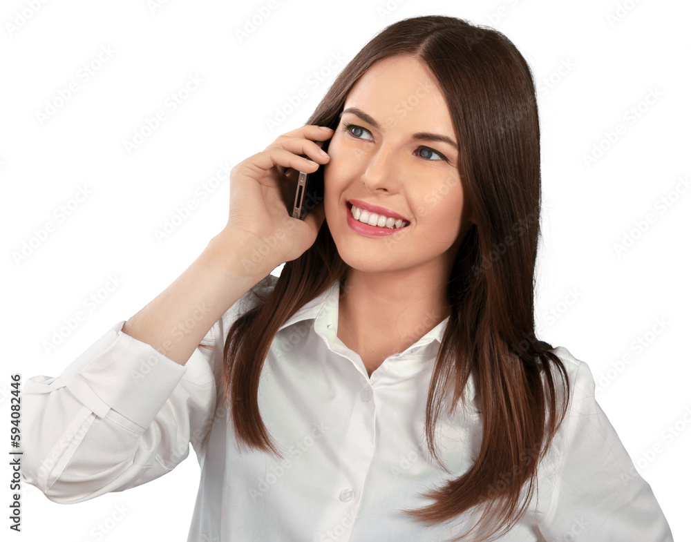 Young cute woman with phone isolated on white background Young cute woman with phone isolated on white background