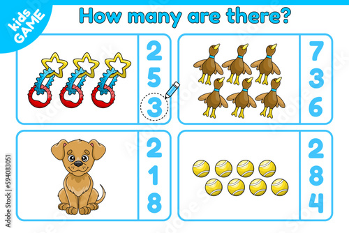 Educational counting game for kids. Math game How many objects. Count and choose the correct answer. Worksheet for preschool and school children. Cartoon puppies and dog toys. Cute vector illustration