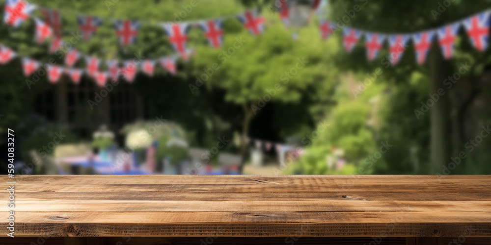 Empty wooden product display table with UK union jack garden party background. Generative ai - obrazy, fototapety, plakaty 
