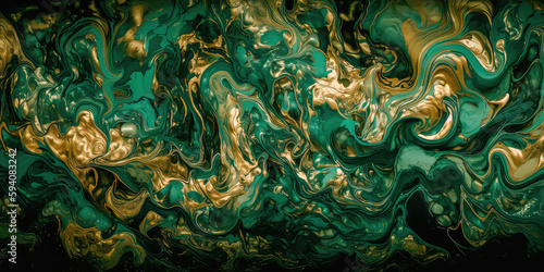 A vintage paint background with swirls of green and gold. Generative AI © keks20034