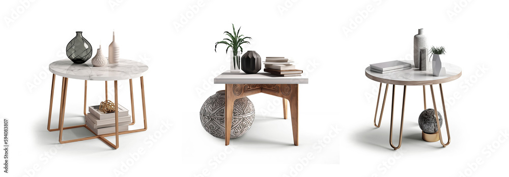 collection Set of different styles of retro vantage wood and modern steel marble coffee tables furniture cutouts isolated on transparent background - Generative AI - obrazy, fototapety, plakaty 
