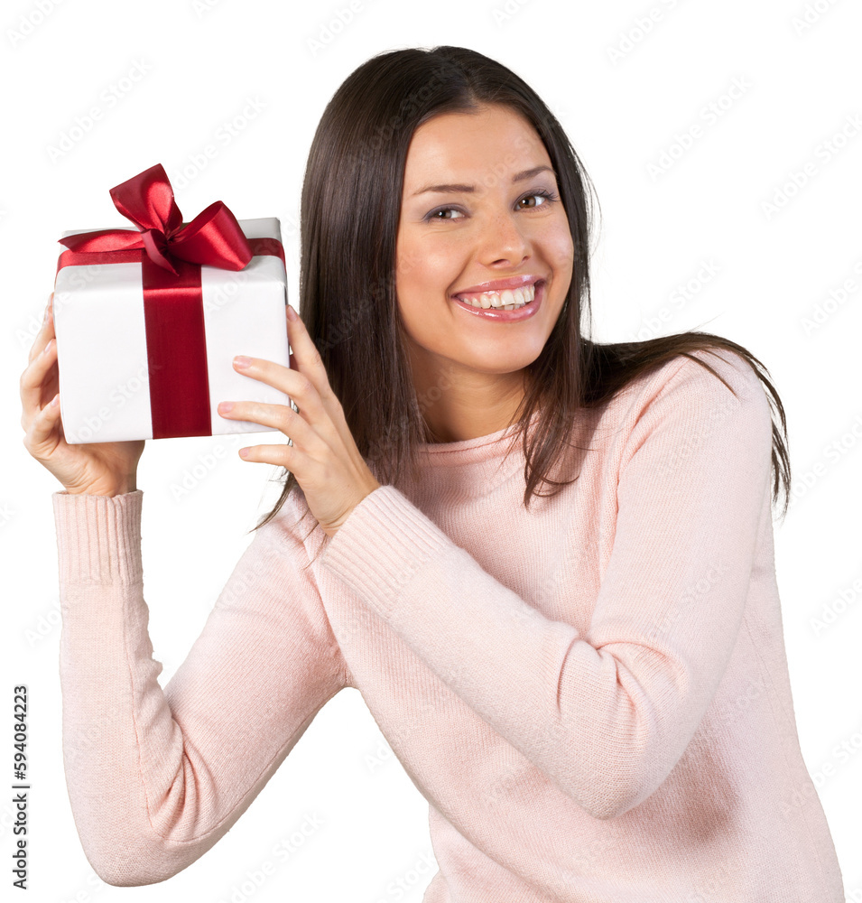Beautiful young woman holding christmas gift on white background Beautiful young woman holding christmas gift on white background