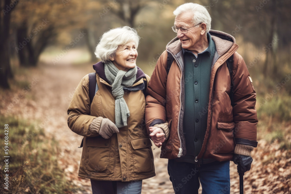 Happy Senior Couple Walking Together, High Quality Generative AI Happy Senior Couple Walking Together, High Quality Generative AI