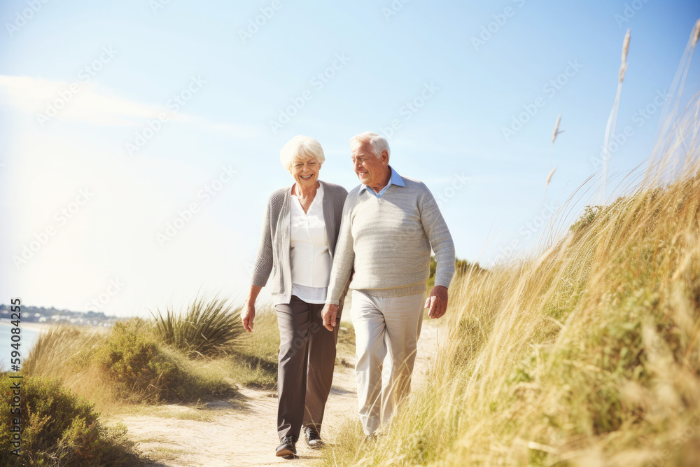 Happy Senior Couple Walking Together, on a Sunny Day. High Quality Generative AI Happy Senior Couple Walking Together, on a Sunny Day. High Quality Generative AI