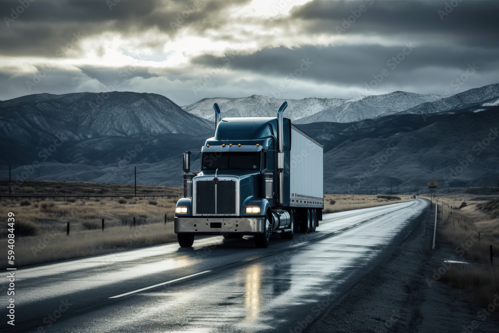 Semi truck goes on an weet asphalt road, through a wonderful landscape, Generative AI Semi truck goes on an weet asphalt road, through a wonderful landscape, Generative AI