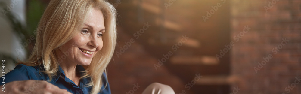 Content mature woman smiling while using digital tablet pc, relaxing on a couch at home in the living room Content mature woman smiling while using digital tablet pc, relaxing on a couch at home in the living room