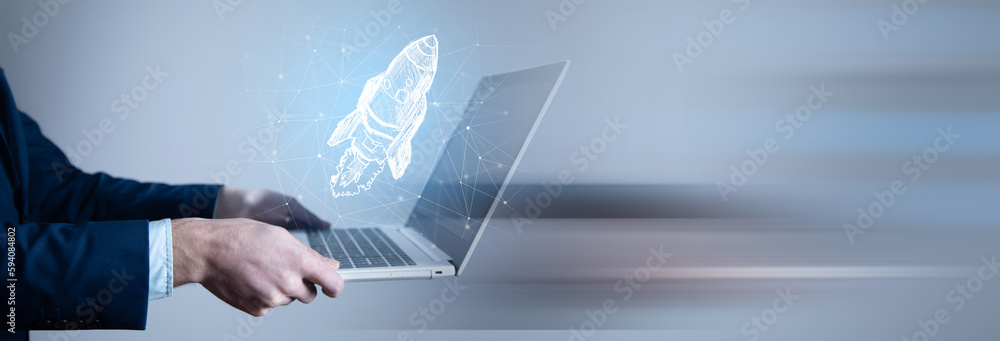 Startup business concept, Businessman holding icon transparent rocket Startup business concept, Businessman holding icon transparent rocket