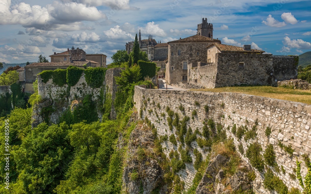 View of the Viviers Cathedral. Viviers is a commune in the department of Ardèche in southern France. It is a small walled city situated on the right bank of the Rhône River.