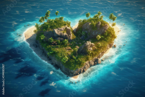 Take a journey to a heart-shaped island with a boat anchored nearby in the ocean. A romantic and unique destination for your next getaway. AI Generative.