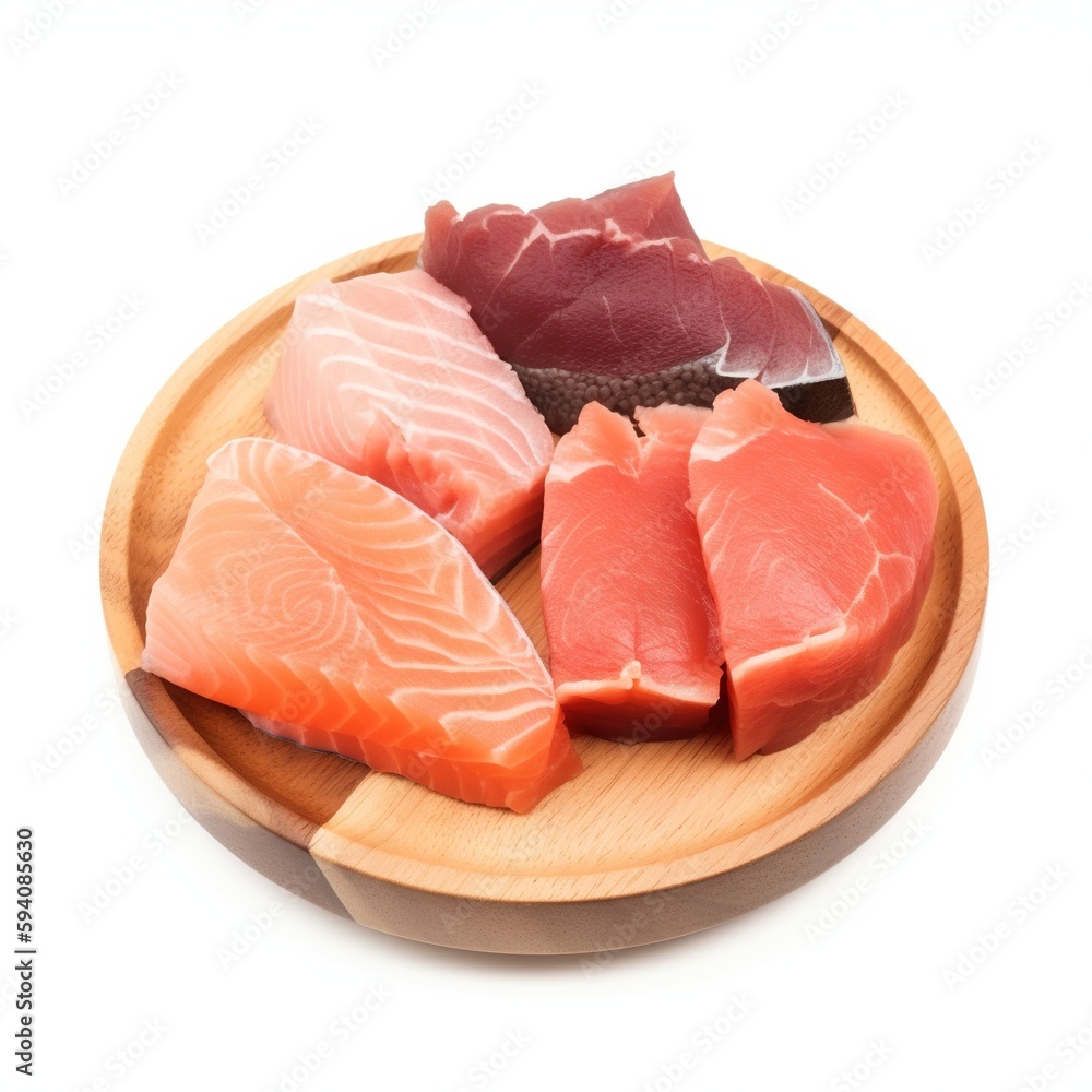 Fresh raw salmon fillets on white background.
