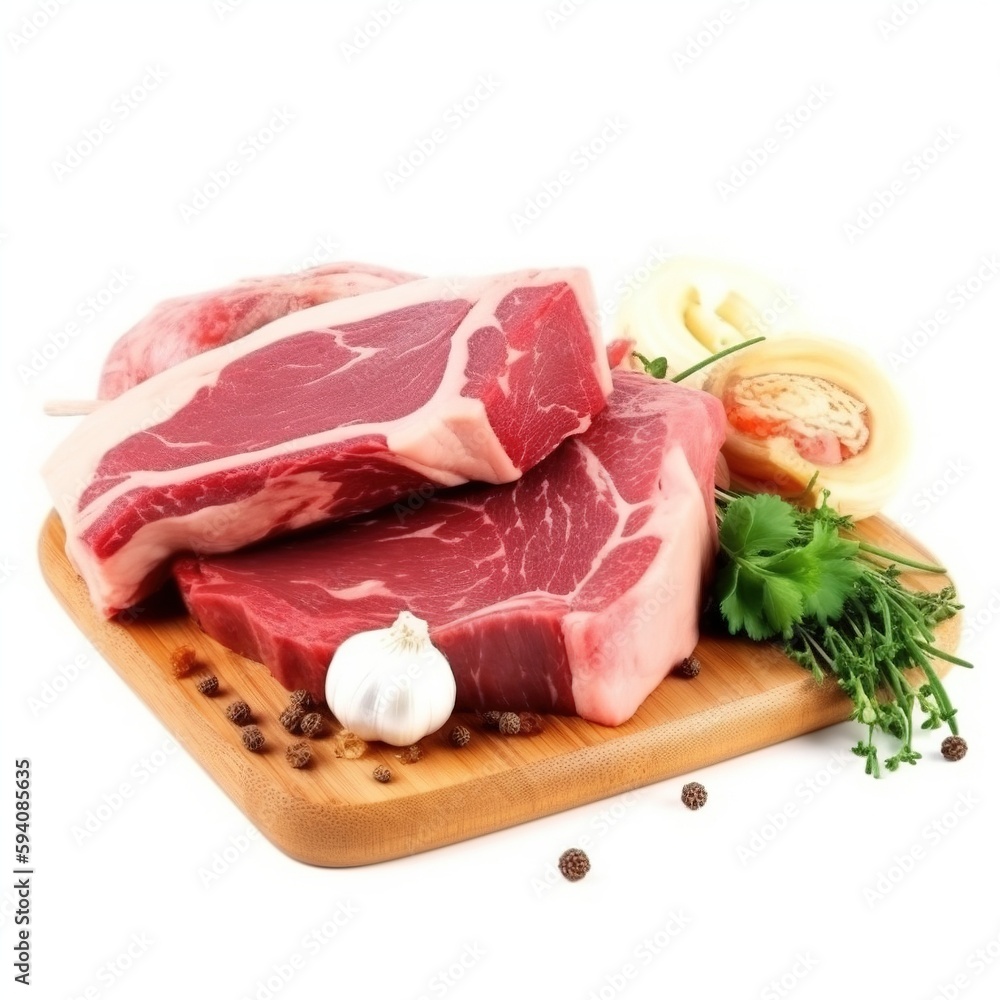 Raw beef on cutting board on white background
Raw beef on cutting board on white background