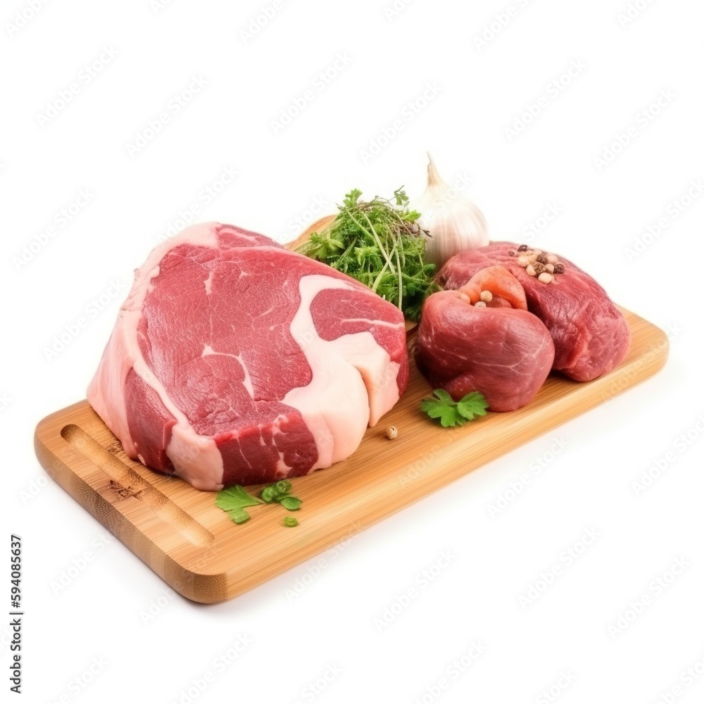 Raw beef on cutting board on white background
Raw beef on cutting board on white background