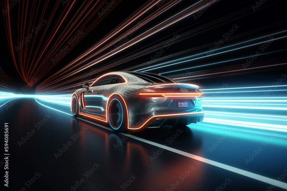 Silver sports car with colorful light trails in tunnel. 3D rendering image. Generative AI