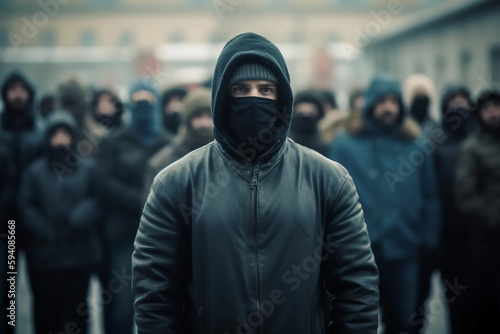 Ultras Hooligan Vandalin front of a riot in the streets. Masked and black dressed