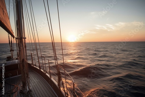 beautiful sailing yacht at sunrise off coast of america from ship deck. Generative AI