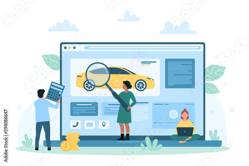 Car search online vector illustration. Cartoon tiny people holding magnifying glass and calculator to find vehicle to buy or rent, customer using rental agency service, inspection of automobile market
