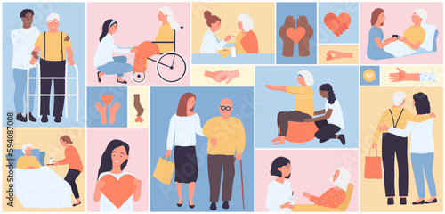 Cartoon young nurses hug senior patients, support and assistance for smiling old person in square collage background. Voluntary, charity concept. Volunteers help elder people set vector illustration