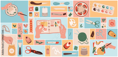 Cartoon supplies and tools for scrapbook, painting, sewing and needlework process, hands in square collage background. Workshop, creative handmade projects and handcraft set vector illustration