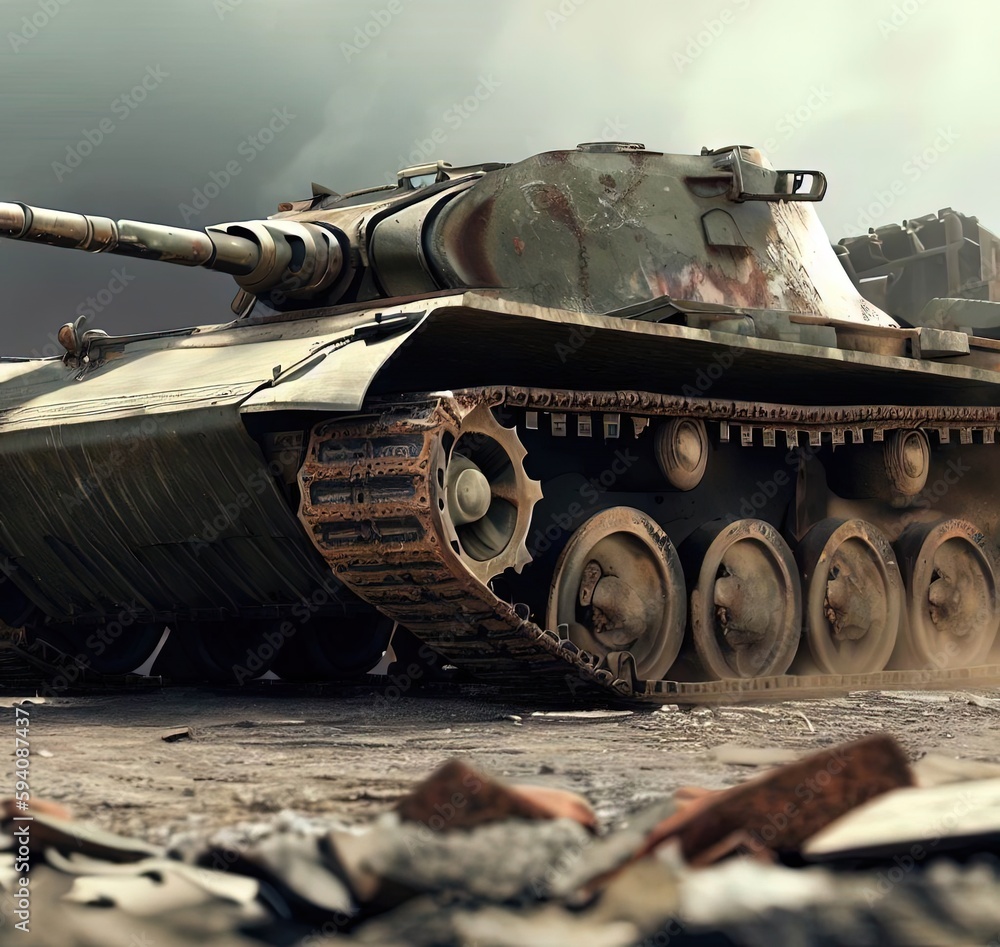 Vehicle tank military concept illustration, destroyed, Generative AI