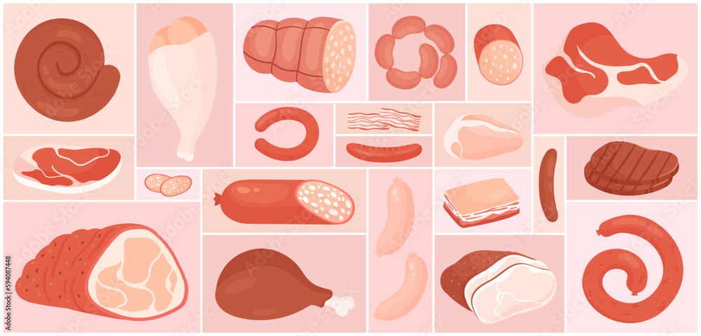 Cartoon beef steak and pork, chicken or turkey leg, ham slices and bacon, salami sausages in geometric collage background. Meat set, fresh raw food products from butchery shop vector illustration Cartoon beef steak and pork, chicken or turkey leg, ham slices and bacon, salami sausages in geometric collage background. Meat set, fresh raw food products from butchery shop vector illustration