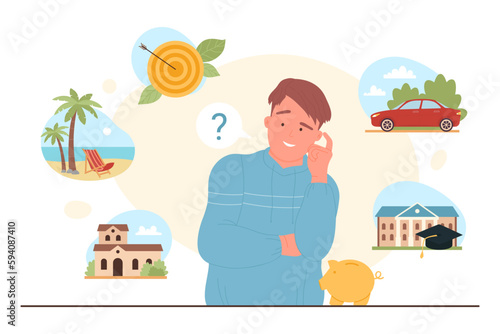 Investment choice vector illustration. Cartoon lucky rich man with piggy bank thinking about choosing to invest in buying family home or car, beach vacation or education, dream of goal achievement