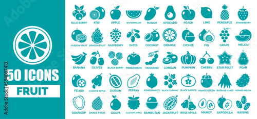 50 fruit icon collection with the name in flat design style