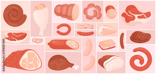 Cartoon beef steak and pork, chicken or turkey leg, ham slices and bacon, salami sausages in geometric collage background. Meat set, fresh raw food products from butchery shop vector illustration