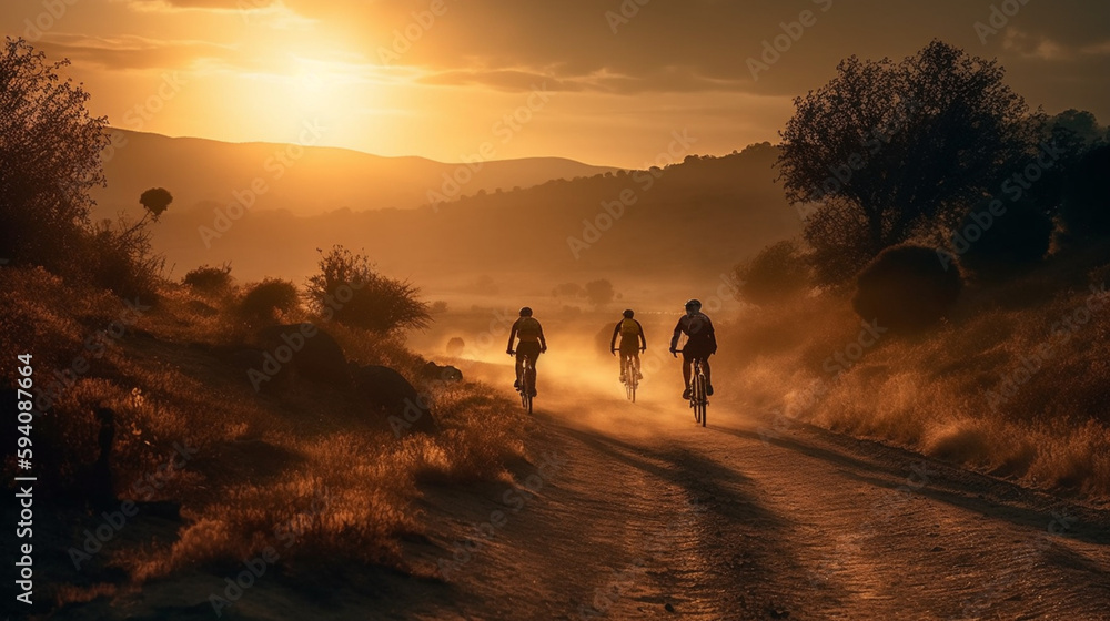 Discovering New Horizons, Back View of Cyclists on a Scenic Sunset Road Generative AI