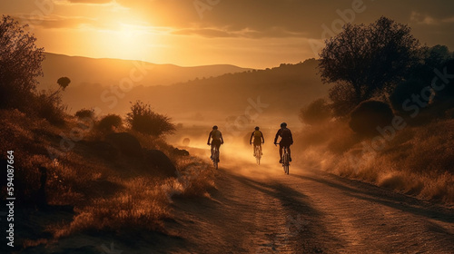 Discovering New Horizons, Back View of Cyclists on a Scenic Sunset Road Generative AI