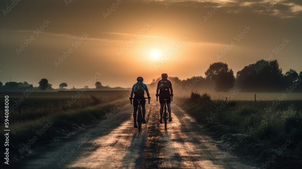 The Power of Endurance, Cyclists on a Sunset Road - Back View Generative AI