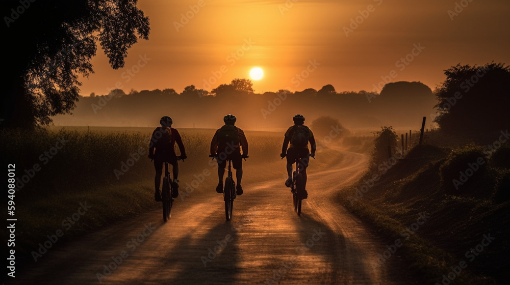 The Thrill of the Ride, Cyclists on a Sunset Road - Back View Generative AI