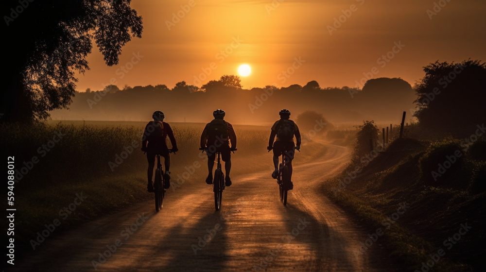 The Thrill of the Ride, Cyclists on a Sunset Road - Back View Generative AI The Thrill of the Ride, Cyclists on a Sunset Road - Back View Generative AI
