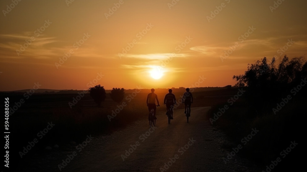 Adventures Await, Cyclists on a Sunset Road - Back View Generative AI