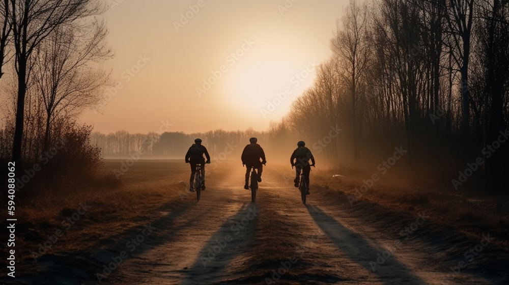 Adventures Await, Cyclists on a Sunset Road - Back View Generative AI