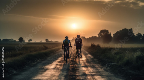 The Power of Endurance, Cyclists on a Sunset Road - Back View Generative AI