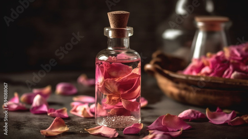 Concept of pure organic essential rose oil. Elixir with plant based floral Pink flowers with candle Generative AI photo