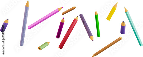 Colorful pencils in the air, 3d render. Pencils chaotic flying in air. Concept of education, back to school or graduation. Transparent background