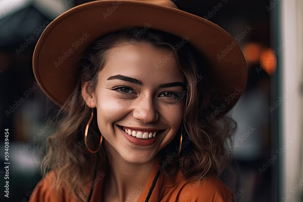 Portrait of positive woman wearing hat looking with smile at the camera at city, created with Generative AI Portrait of positive woman wearing hat looking with smile at the camera at city, created with Generative AI